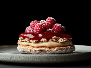 Delicious dessert topped with raspberries and sauce.