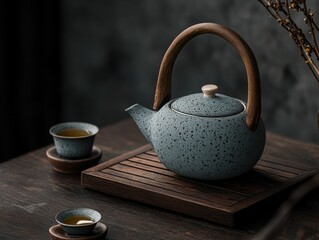 Elegant blue tea kettle with wooden handle.
