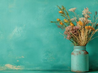 Dried flowers in a turquoise vase on a table.