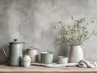 Elegant kitchenware with flowers on table.