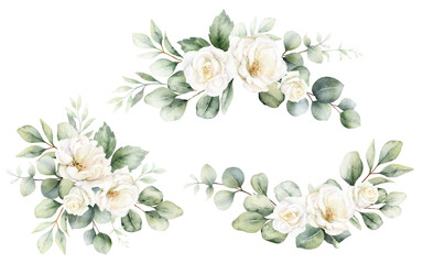 Watercolor set of frames and wreaths with  green eucalyptus leaves and white roses. Greenery clipart for wedding invitation, greeting cards, save the date, stationery design. Hand drawn illustration.