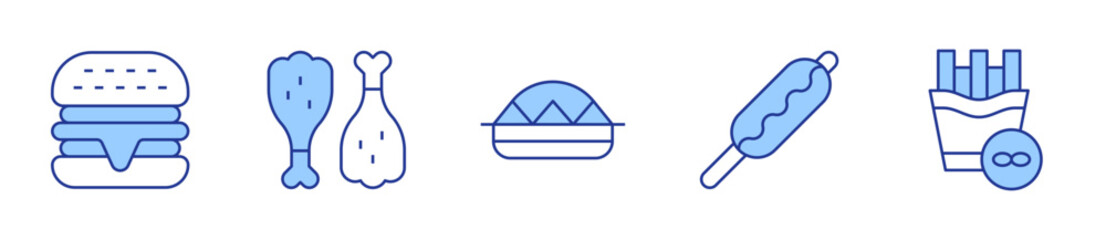 nachos, corn dog, fast food, fried chicken. Fast food Icon vector illustration. Line Duotone style. Editable stroke