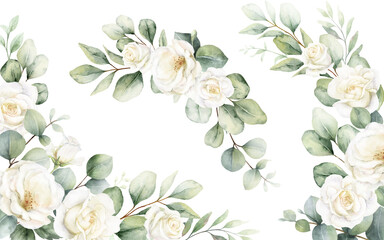 Watercolor set of frames and wreaths with  green eucalyptus leaves and white roses. Greenery clipart for wedding invitation, greeting cards, save the date, stationery design. Hand drawn illustration. © ElenaMedvedeva