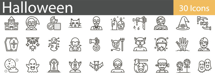 Halloween Line Icons Collection. Spooky, Horror, Pumpkins, Costumes, and Trick-or-Treat Symbols. Editable Stroke, Vector Illustration.