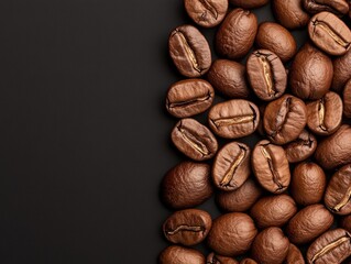 Fresh roasted coffee beans on a dark surface.