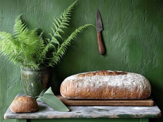 Freshly baked bread with greenery visually stunning.