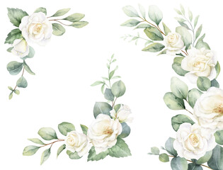 Watercolor set of frames and wreaths with  green eucalyptus leaves and white roses. Greenery clipart for wedding invitation, greeting cards, save the date, stationery design. Hand drawn illustration.