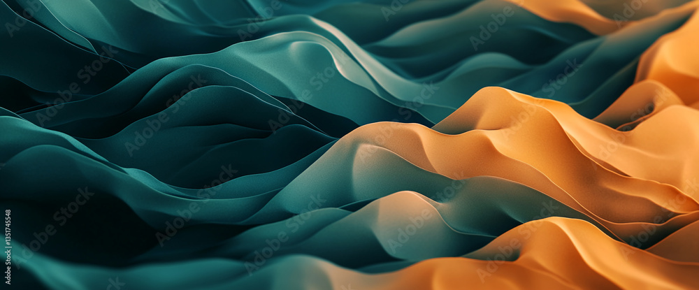 Poster Abstract image of teal and orange undulating waves, creating a flowing, dynamic visual.  Represents fluidity, movement, and possibly transition or change