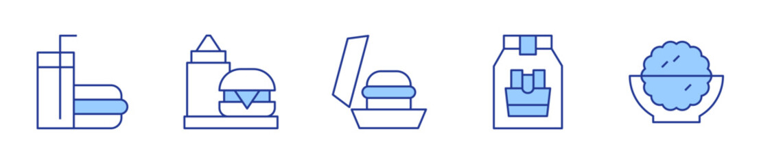 pop corn, hamburger, burger, french fries, fast food. Fast food Icon vector illustration. Line Duotone style. Editable stroke