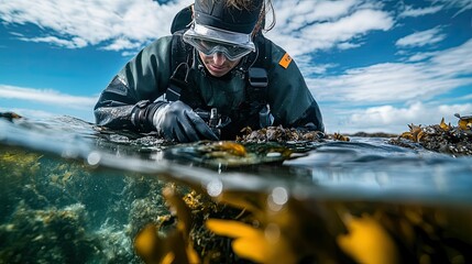 Diver examines underwater kelp forest, bright sky.