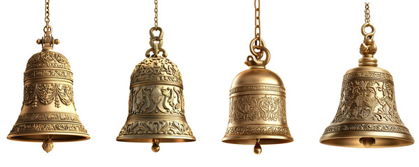 Four Ornate Golden Bells Hanging on Chains Detailed Craftsmanship and Religious Symbolism