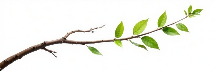 Thin and flexible tree branch against a white background, thin, isolated, woody