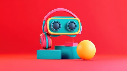 Obraz premium A 3D icon of a VR headset in a bold red background, with blue and yellow components