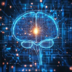 Fototapeta premium Glowing Brain Circuit Board, Digital Network Connection, Neural Pathways, Data Flow