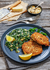 chicken patties with kale almond parmesan salad