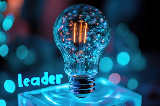 Glowing lightbulb on a blue surface, symbolizing leadership and bright ideas.