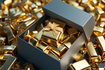 Gold Bars inside Blue Box with Bows, Treasure, Financial Reserve, Metallic, Wealth