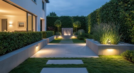 Walking Path Through Lush Illuminated Garden at Evening with Water Feature
