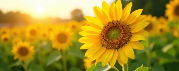 Obraz premium Close-up of a sunflower in a field, bathed in sunlight, bloom, bright