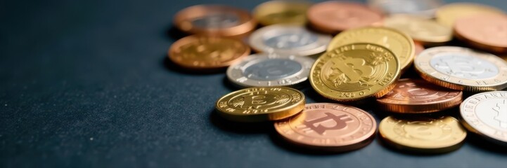 Close-up of various UK coins piled on dark surface, reverse, obverse, design