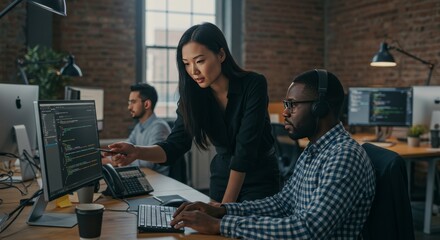 Asian Woman Assists Black Man With Coding At A Computer