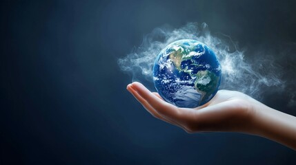 A glowing Earth cradled in a hand, symbolizing the fragile balance between environmental responsibility and the planet’s uncertain future