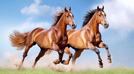 Obraz premium Majestic horses gallop through vibrant landscape under a clear sky