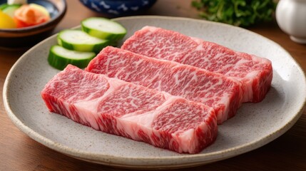 Fototapeta premium Freshly Cut Wagyu Beef Slices on Plate with Garnishes