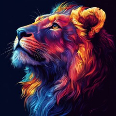 Spectacular lion with rainbow-like fiery mane illuminating the darkness with power image