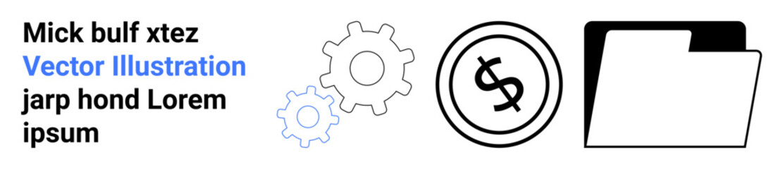 Two gears, a dollar coin, and a folder symbolize system optimization, financial management, and document organization. Ideal for technology, finance, marketing, data development workflow abstract