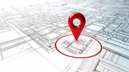 Fototapeta premium A red location pin placed over an architectural floor plan, symbolizing site mapping, urban planning, Surveying and Geolocation, GPS surveying