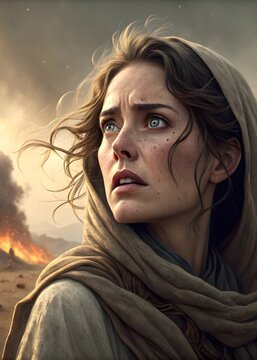 Lot's Wife in Final Moment Before Turning into Pillar of Salt, Dramatic Biblical Scene, Destruction of Sodom and Gomorrah, Divine Punishment