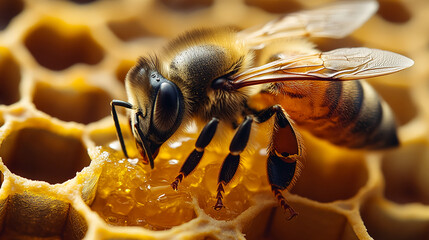 Close-up of honeybee on honeycomb, collecting honey, showcasing intricate details of bee anatomy and honeycomb structure, representing nature's industry and sweetness
