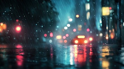 Heavy Rain Streaks Blur Reflections on Asphalt Pavement with Bokeh City Lights Backdrop