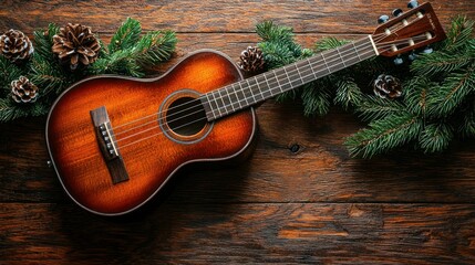 Acoustic Guitar with Christmas Decorations on Wooden Background