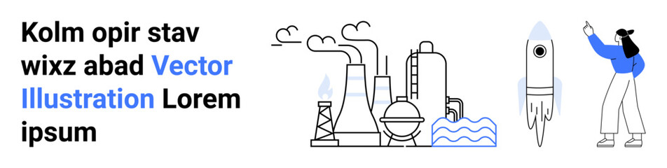 Factory chimneys release smoke beside water and a rocket preparing for launch. Woman pointing at the rocket. Ideal for innovation, technology, sustainability, future, science, education, simple