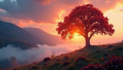 Misty sunrise paints ancient tree in autumnal splendor, foliage, sunrise