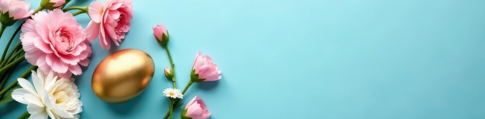 Fototapeta premium Pastel pink & white carnations, gypsophila, gold egg on blue Spring Easter flat lay , easter, flowers
