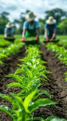 A lush field of young plants features workers tending to crops under a bright sky, showcasing agricultural practices and rural life.