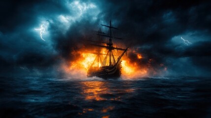 Burning Ship in a Stormy Sea: A Dramatic Seascape