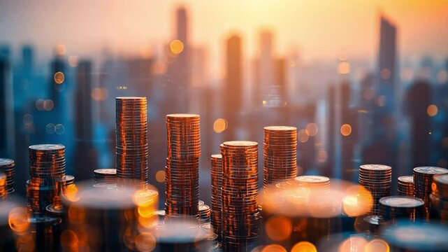 A close-up view of stacks of coins against a city skyline at sunset, symbolizing wealth, finance, and investment opportunities.