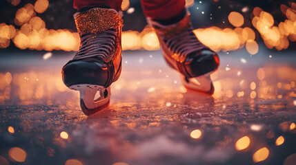 Close Up of Ice Skates on a Reflective Surface with Golden Bokeh Lights Emitting a Festive Holiday Atmosphere