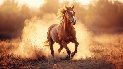 Majestic horse galloping in golden sunset dust field