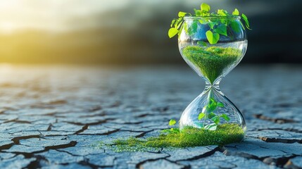 Hourglass of nature with lush greenery amid arid cracked earth emphasizing conservation
