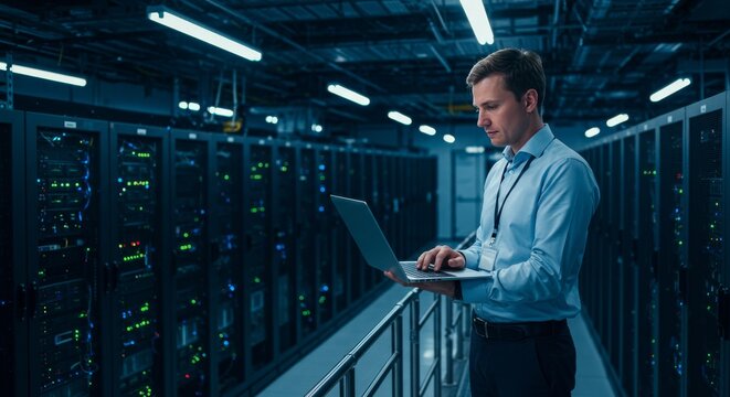 Man works on a laptop in a modern data center environment