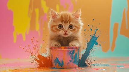 Playful kitten in paint-splattered studio