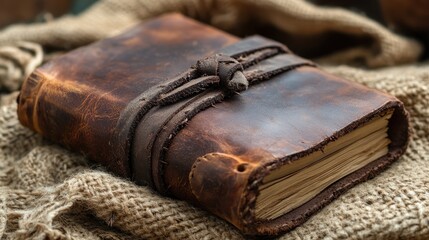 A weathered leather journal tied with a dark leather strap rests