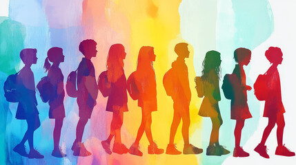 A group of children are walking in a line, with some of them carrying backpacks