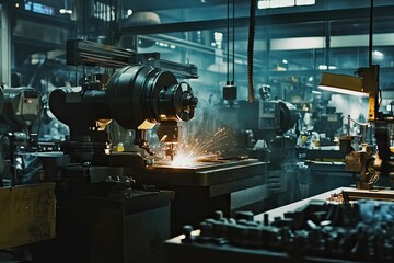 Fototapeta premium Industrial machine sparks, metal fabrication, factory setting.