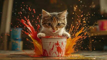 Playful kitten in paint explosion, artistic studio background
